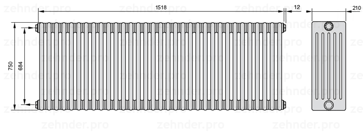 Схема (чертеж) Радиатор Zehnder Charleston 6075/33 №1270 Белый глянцевый RAL 9016